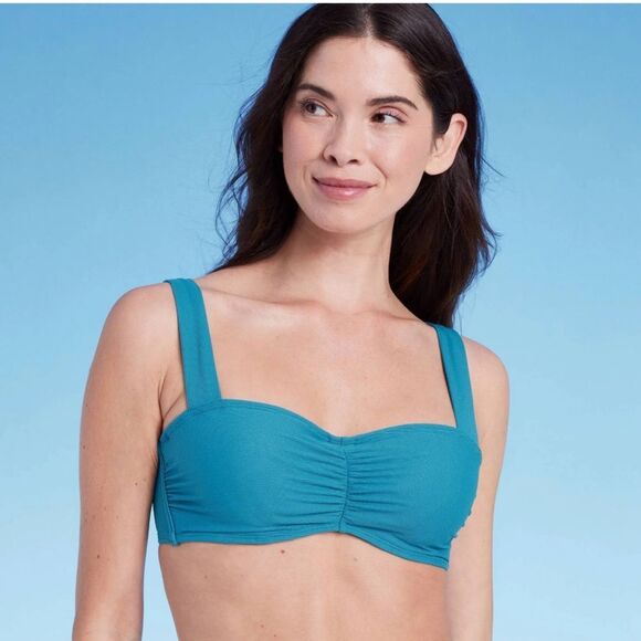 Shade & Shore 36C Blue Shirred Ribbed Bandeau Bikini Swim Underwire Top - Picture 2 of 11